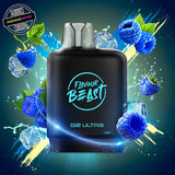 A 20ml prefilled vape pod by Level X Flavour Beast in sour blue raspberry ice flavour. The pod is surrounded by vibrant blue raspberrries and ice cubes. Underground Vapes Woodstock and London