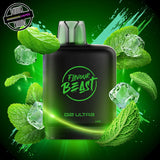 A 20ml prefilled vape pod by Level X Flavour Beast in spearmint ice flavour. The pod is surrounded by green mint leaves and ice cubes. Underground Vapes Woodstock and London