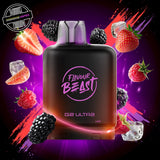 A 20ml prefilled vape pod by Level X Flavour Beast in tangy berries ice flavour. The pod is surrounded by blackberries, strawberries, raspberries, and ice cubes. Underground Vapes Woodstock and London