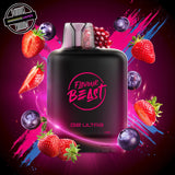 A 20ml prefilled vape pod by Level X Flavour Beast in sour blue raspberry ice flavour. The pod is surrounded by blueberries, strawberries, and pomegranate. Underground Vapes Woodstock and London