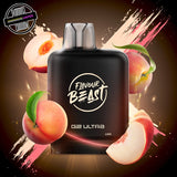 A 20ml prefilled vape pod by Level X Flavour Beast in white peach flavour. The pod is surrounded by peaches. Underground Vapes Woodstock and London