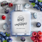 A white 20ml vape pod by Flavour Beast in berry swirl ice flavour. The pod is surrounded by blueberries, raspberries, cranberries and ice cubes, with a creamy twist. Underground Vapes Woodstock and London