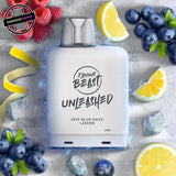 A white 20ml vape pod by Flavour Beast in blue razz lemon ice flavour. The pod is surrounded by lemon slices, lemon peels, blueberries, raspberries, and ice cubes. Underground Vapes Woodstock and London