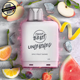 A white 20ml vape pod by Flavour Beast in fruit bomb ice flavour. The pod is surrounded by watermelon, strawberry, apple, citrus fruits, and ice cubes. Underground Vapes Woodstock and London