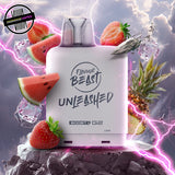 A white 20ml vape pod by Flavour Beast in fruit fusion ice flavour. The pod is surrounded by strawberry and watermelon slices, pineapple. and ice cubes. Underground Vapes Woodstock and London