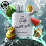 A white 20ml vape pod by Flavour Beast in kiwi watermelon ice flavour. The pod is surrounded by kiwi and watermelon slices, and ice cubes. Underground Vapes Woodstock and London