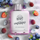 A white 20ml vape pod by Flavour Beast in sour berries ice flavour. The pod is surrounded by strawberry, blueberry, sour  raspberry, and ice cubes. Underground Vapes Woodstock and London