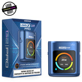 A blue Level X G2 Pro battery with e-liquid and battery indicators on the LED screen. Underground Vapes Woodstock and London