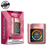 A pink Level X G2 Pro battery with e-liquid and battery indicators on the LED screen. Underground Vapes Woodstock and London