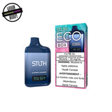 Blue STLTH disposable vape in blueberry raspberry flavour with packaging on a white background. Underground Vapes Woodstock and London