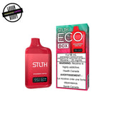 Red STLTH disposable vape instrawberry kiwi ice flavour with packaging on a white background. Underground Vapes Woodstock and London