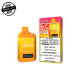 Yellow STLTH disposable vape in strawberry banana ice flavour with packaging on a white background. Underground Vapes Woodstock and London