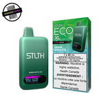 Green STLTH Eco XL vape device and packaging in green apple flavor on a white background. Underground Vapes Woodstock and London