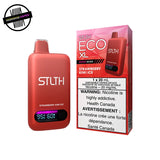 Red STLTH Eco XL vape device and packaging in strawberry kiwi ice flavor on a white background. Underground Vapes Woodstock and London
