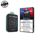 A 30ml disposable vape from the STLTH x Geek Bar collaboration in poppin' hype ice flavour. The device has a screen display that shows wattage mode, battery level, and remaining e-liquid. Underground Vapes Woodstock and London