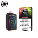 A 30ml disposable vape from the STLTH x Geek Bar collaboration in tangy peach ice flavour. The device has a screen display that shows wattage mode, battery level, and remaining e-liquid. Underground Vapes Woodstock and London