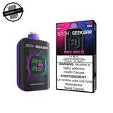 A 30ml disposable vape from the STLTH x Geek Bar collaboration in purple grape ice flavour. The device has a screen display that shows wattage mode, battery level, and remaining e-liquid. Underground Vapes Woodstock and London