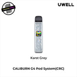Uwell Caliburn G4 Pod System(CRC) in Karst Grey on a white background. Underground Vapes Woodstock and London