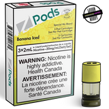 A 2ml STLTH compatible vape pod next  to the 3-pack packaging for Z-pods in Banana Iced Flavour. Underground Vapes Woodstock and London