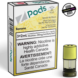 A 2ml  STLTH compatible vape pod next  to the 3-pack packaging for Z-pods in Banana Flavour. Underground Vapes Woodstock and London