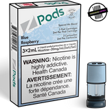 A 2ml STLTH compatible vape pod next  to the 3-pack packaging for Z-pods in Blue Raspberry Flavour. Underground Vapes Woodstock and London