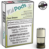 A 2ml STLTH compatible vape pod next  to the 3-pack packaging for Z-pods in Cocolicious (Coco Dream) Flavour. Underground Vapes Woodstock and London