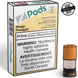 A 2ml STLTH compatible vape pod next  to the 3-pack packaging for Z-pods in Mango Pineapple Flavour. Underground Vapes Woodstock and London
