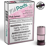 A 2ml STLTH compatible vape pod next  to the 3-pack packaging for Z-pods in Pink Lemon Flavour. Underground Vapes Woodstock and London
